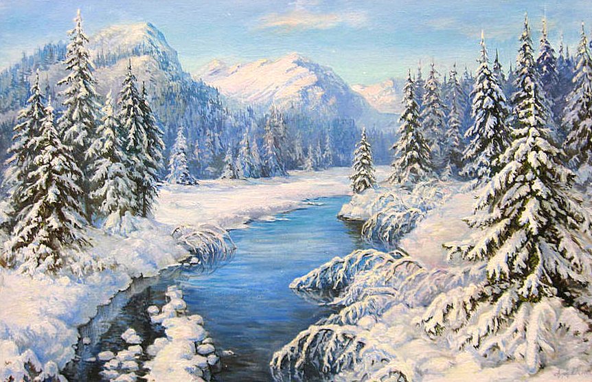 Зимняя сказка - елочки, река, горы, зима, пейзаж - оригинал