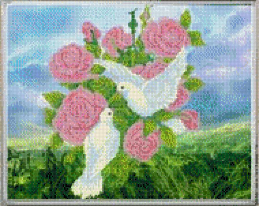 Голуби на цветах - предпросмотр