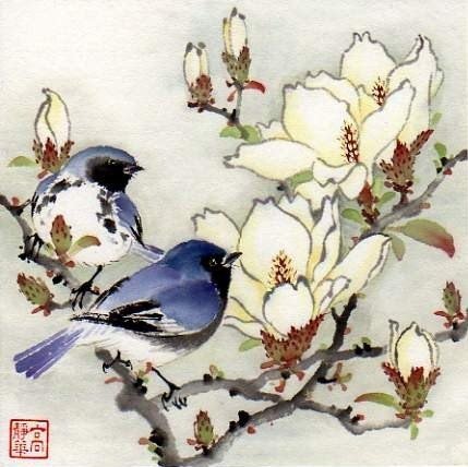 китайская картинка - цветущая, цветы, птички, ветка - оригинал