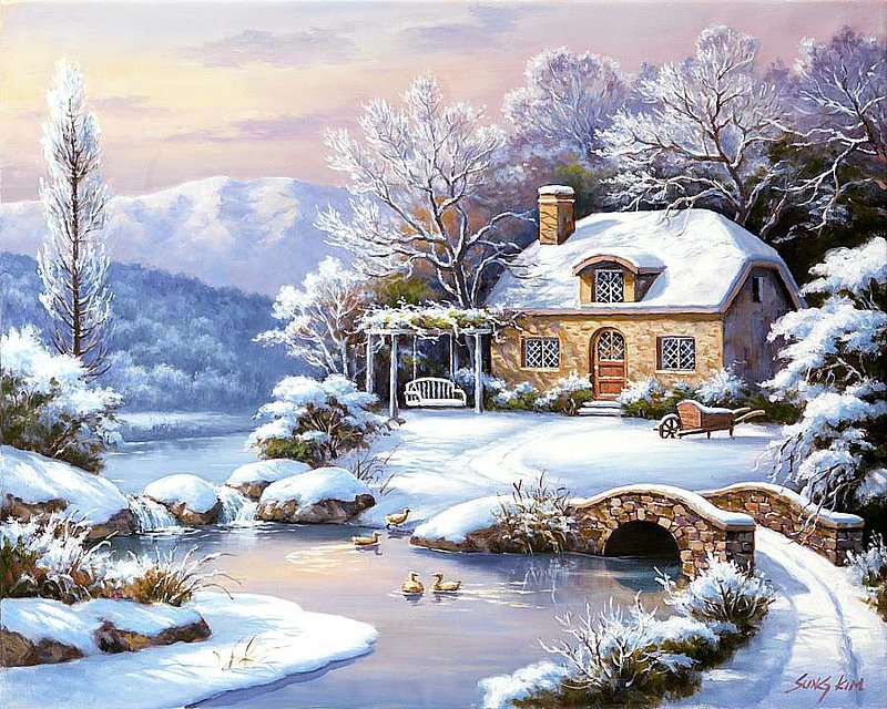 зимний пейзаж - лес, деревья, снег, река, дом, зима - оригинал