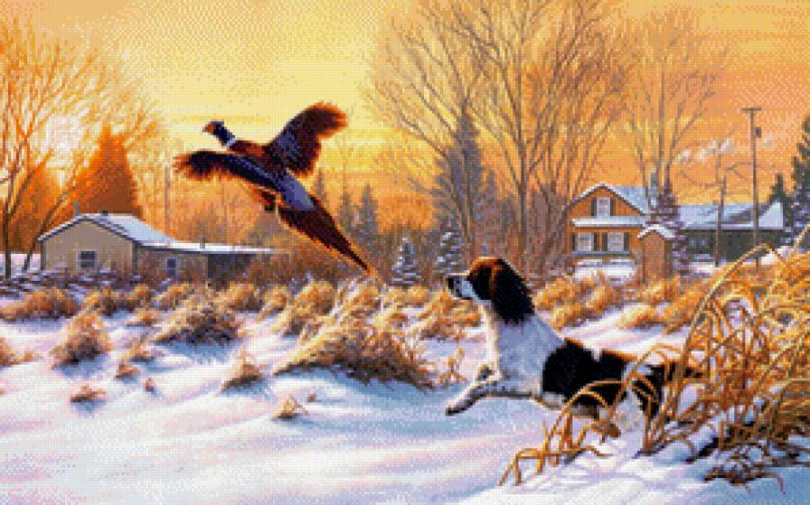 Фазан - собака, пейзаж, фазан, зима - предпросмотр