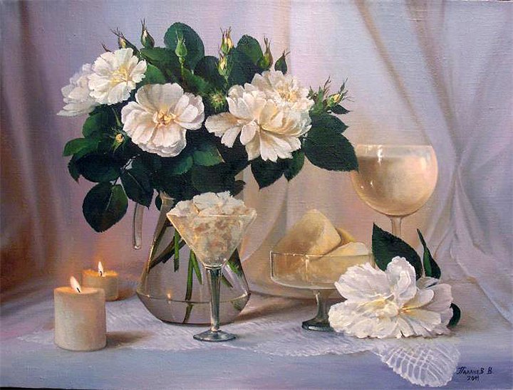 Белые розы - розы, ваза, натюрморт, цветы - оригинал