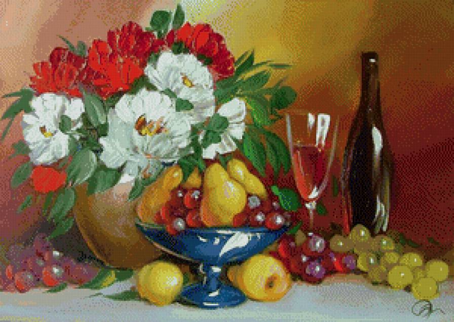 Натюрморт с вином - цветы, натюрморт, бокал вина, фрукты, вино - предпросмотр