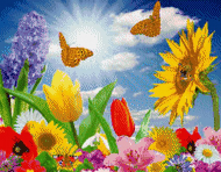 Бабочки над цветами - предпросмотр