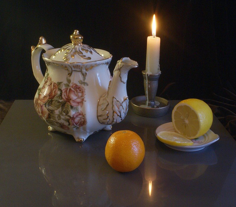 вечерний чай - натюрморт, свеча, чай, лимон - оригинал