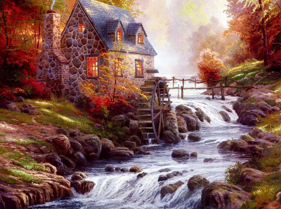 водяная мельница - пейзаж, мельница, река, домик, природа - оригинал