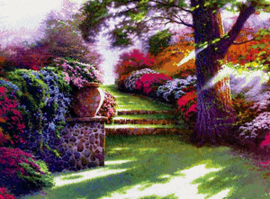 в саду - пейзаж, природа, цветы, деревья, дорожка, парк - предпросмотр