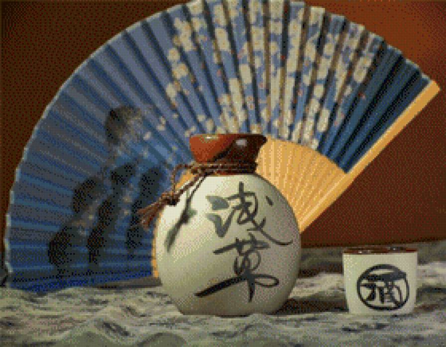 Сакэ и веер - азия, натюрморт, восток - предпросмотр