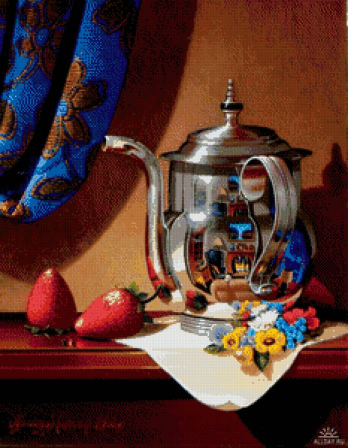 Чайник - натюрморт, цветы, фрукты - предпросмотр