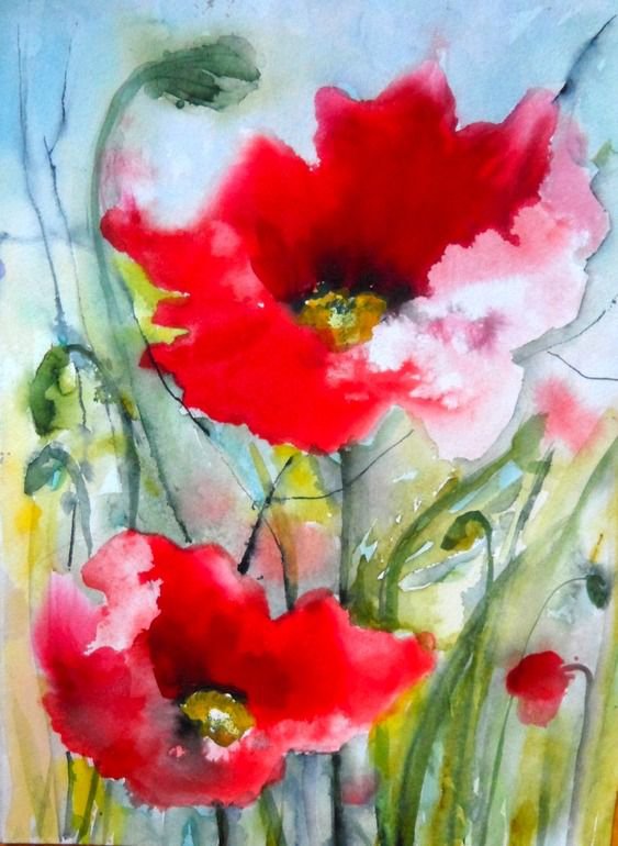 акварель - маки, красные - оригинал