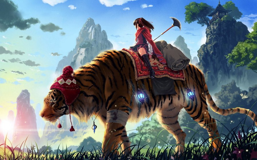 Прогулка - тигр, девушка, аниме - оригинал
