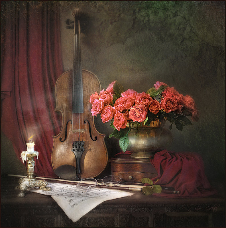 Скрипка - скрипка, ноты, музыка, свечи, цветы - оригинал