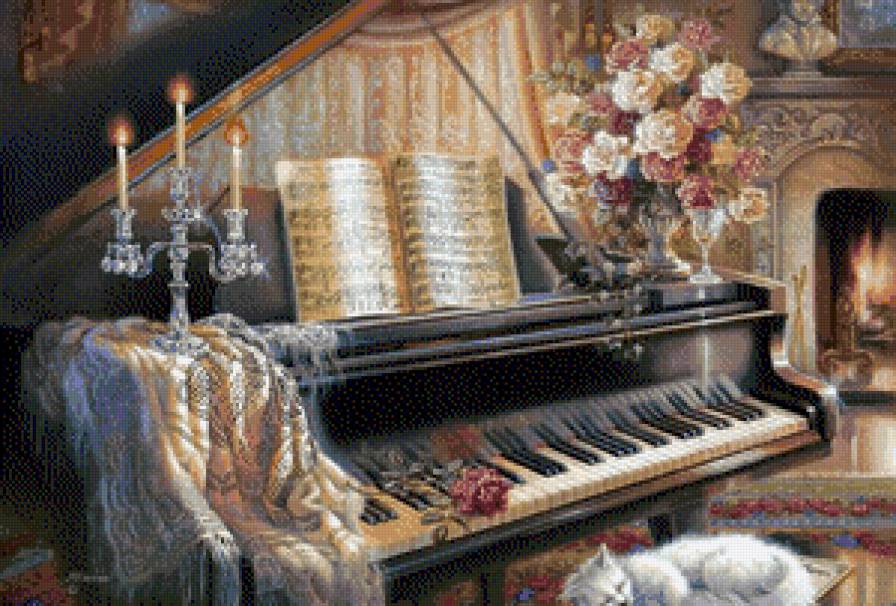 рояль - кот, рояль, уют, роза, ноты, цветы, музыка, вечер - предпросмотр