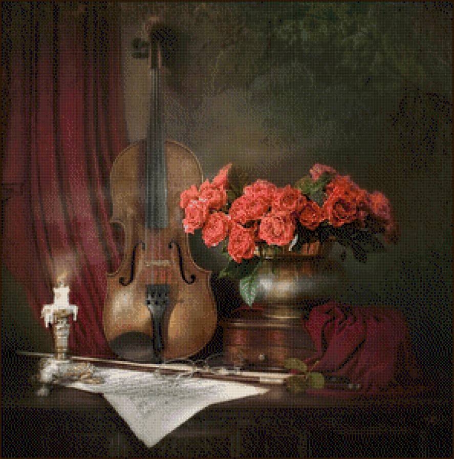 Скрипка - музыка, цветы, скрипка, ноты, свечи - предпросмотр
