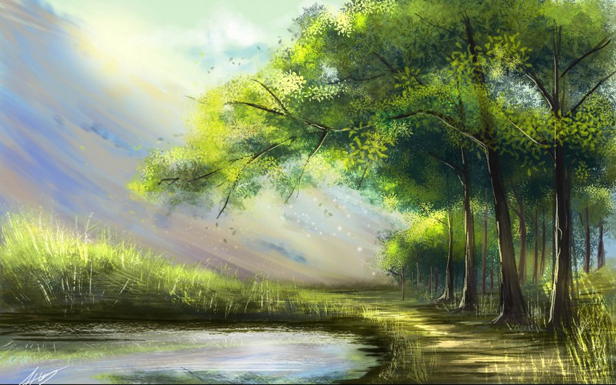 летний день - солнце, лес, зелень, дерево, пруд, лето - оригинал