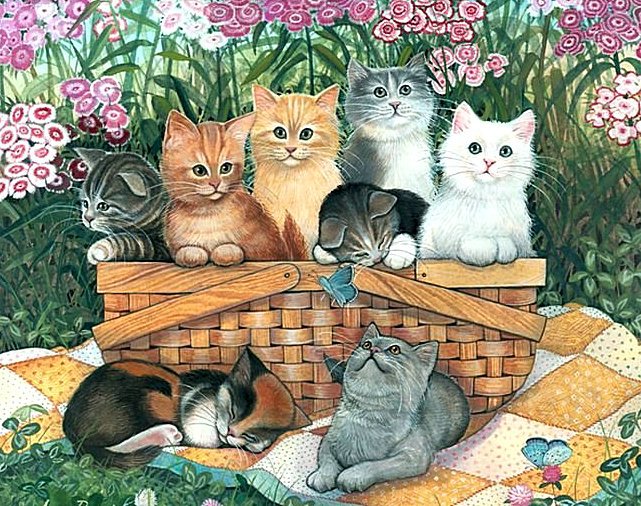 Котята в корзинке - корзинка, сон, котята, животные, кошки, цветы - оригинал