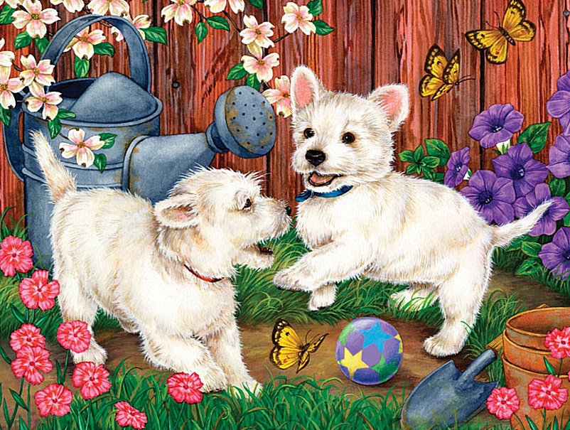 Малыши в саду - цветы, щенки, собаки, бабочки, сад, животные - оригинал