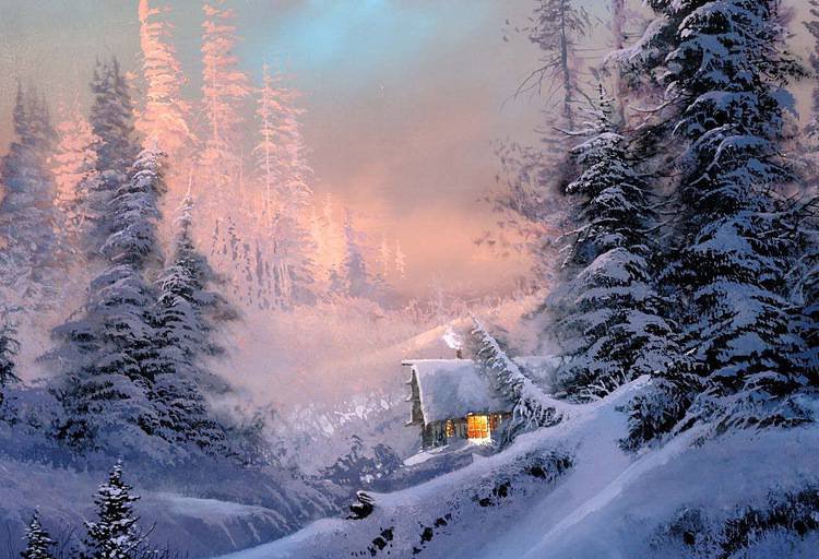 михаил сатаров 1 зимний пейзаж с избушкой - лес, природа, пейзаж, картина, горы, зима, михаил сатаров, снег - оригинал
