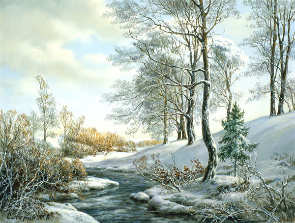 мхаил сатаров 2 река у пригорка - природа, горы, лес, зима, снег, пейзаж, михаил сатаров, картина - оригинал