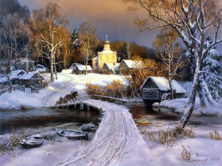михаил сатаров 3 зимняя деревня - зима, пейзаж, снег, михаил сатаров, горы, картина, природа, лес - оригинал