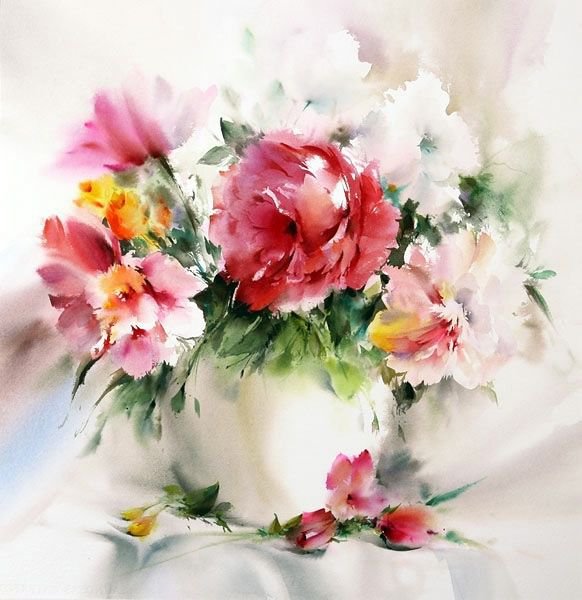акварель - цветы, ваза - оригинал