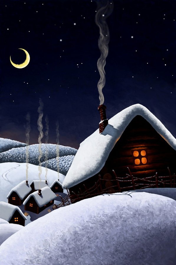 акварель - ночь, деревня, пейзаж, домики, зимний, снег - оригинал