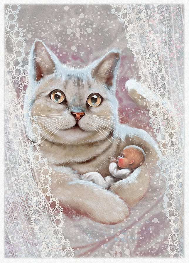 Кот-баюн - младенец, кружева, кошки, животные, окно, зима, ребенок - оригинал