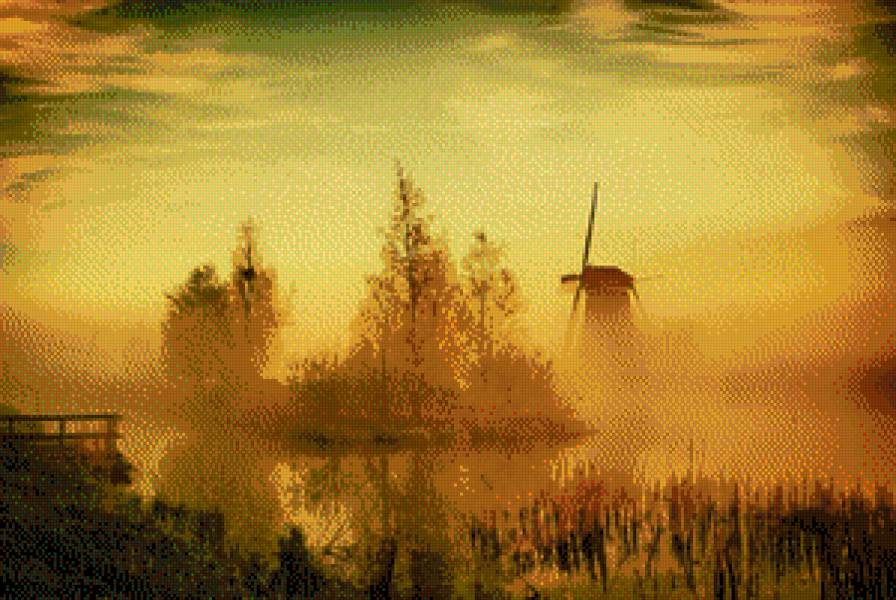 Mlyn we mgle - pejzaz, ziwopis - предпросмотр