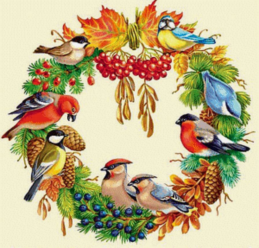 Рождественский венок - шишки, птички, венок, рождество, ягоды - предпросмотр