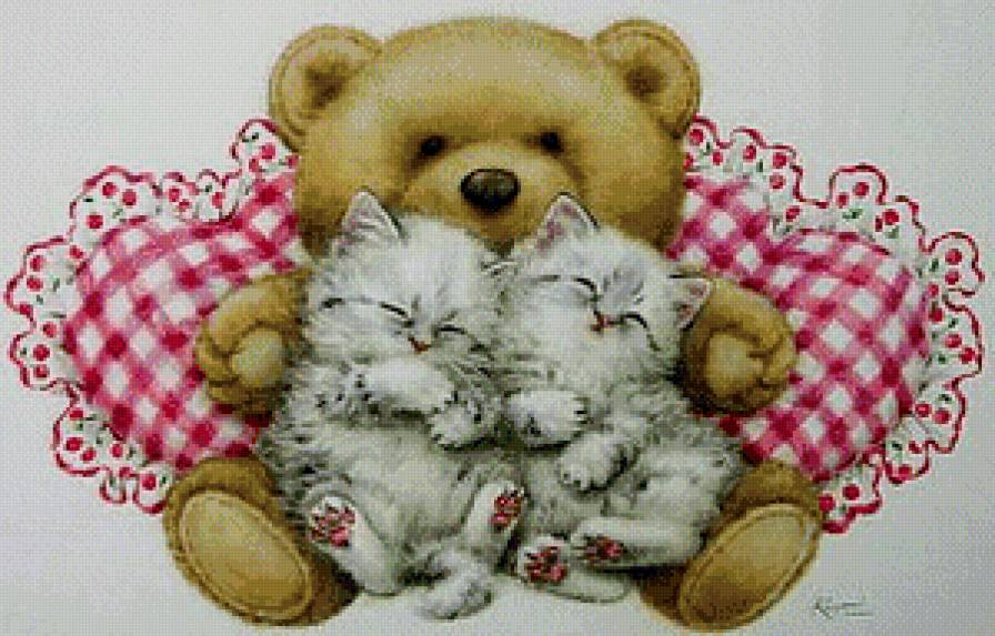 Котята с мишкой - котята, подушка, мишка - предпросмотр