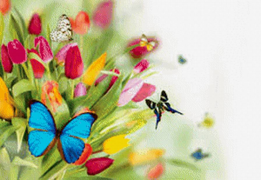 Бабочки и тюльпаны - бабочки, тюльпаны, цветы - предпросмотр