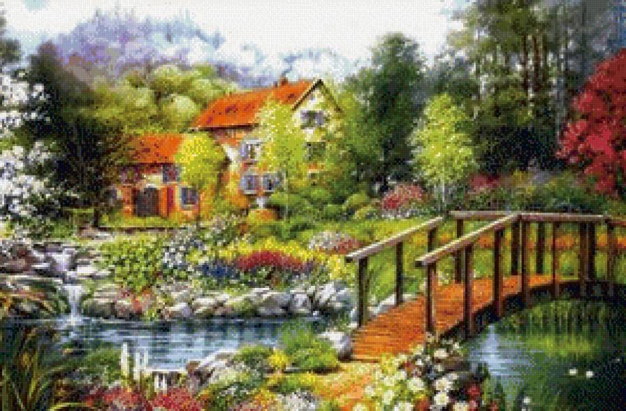 Дом у речки - мостик, природа, дом, речка - предпросмотр