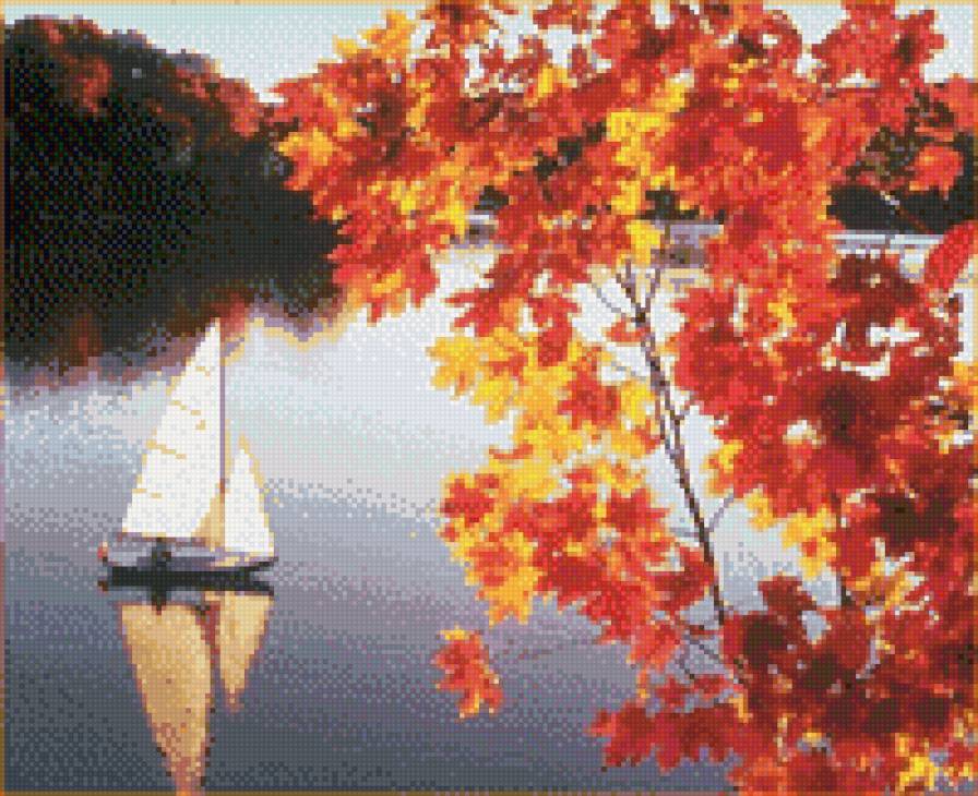 осенний кораблик - природа, корабль, осень, река - предпросмотр