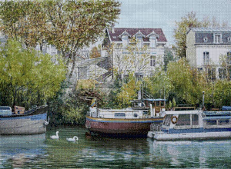 Европейский городок - река, дома, город, лодки - предпросмотр