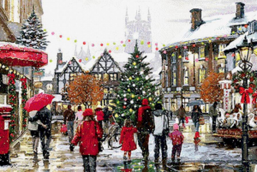 Городская елка - пейзаж, зима, город, фонари, елка, дома - предпросмотр