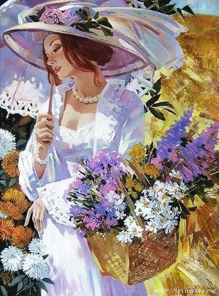 dziewczyna z parasolka - dziewczyna, kwiaty - оригинал