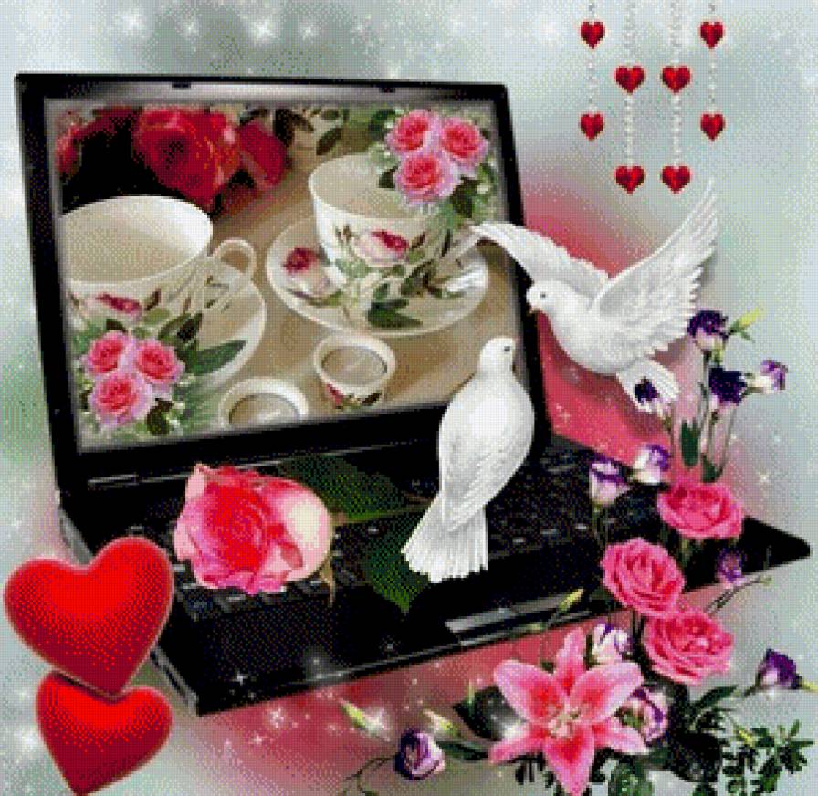 голуби и компьютер - птицы, картины, цветы, картина - предпросмотр