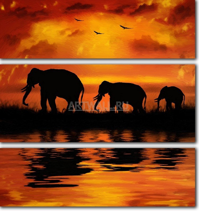 Слоны - африка, слоны, триптих - оригинал