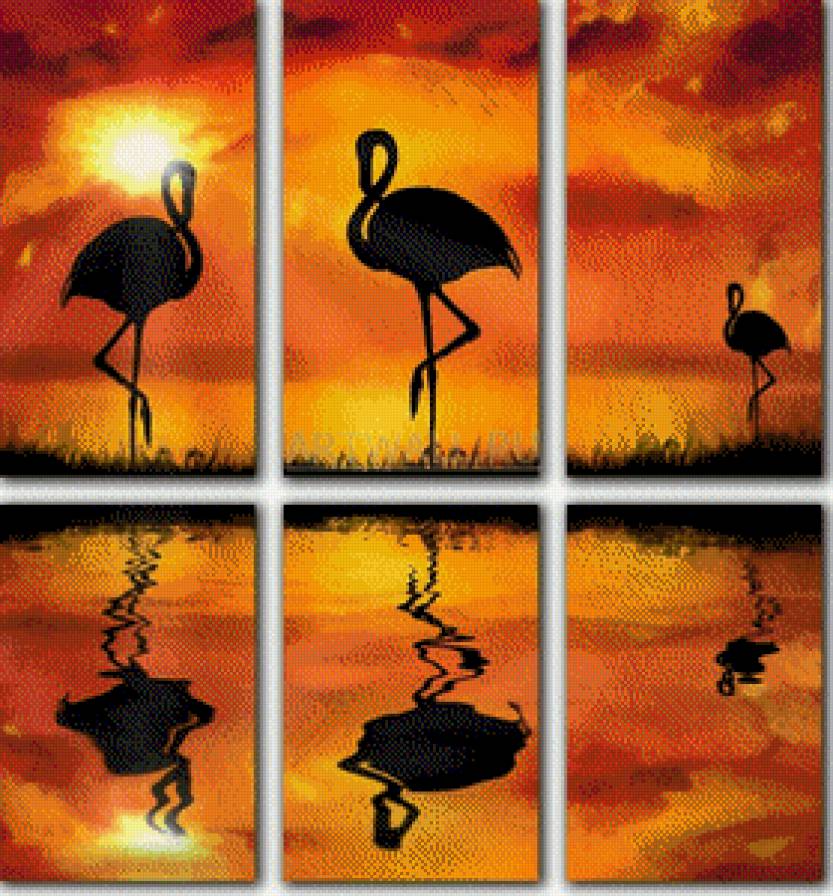 Фламинго на закате - птицы, африка, закат, фламинго, триптих - предпросмотр