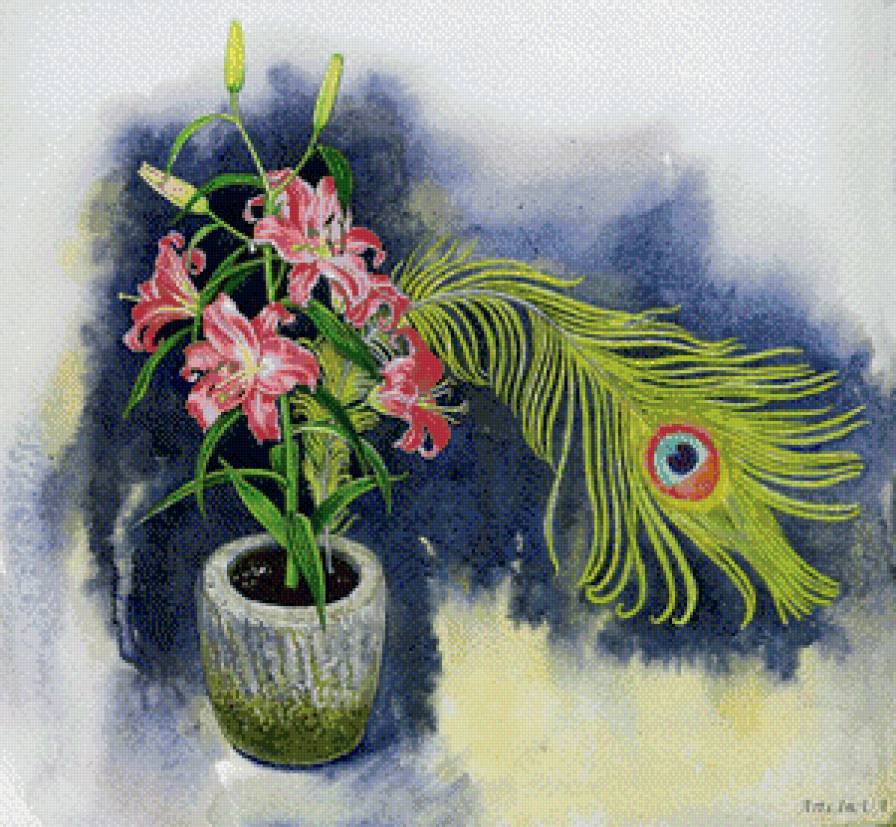 Натюрморт с пером - цветы, натюрморт - предпросмотр