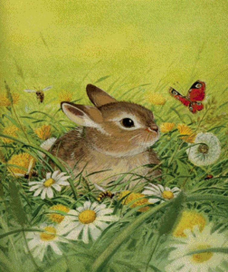 Зайчонок в траве - зайчик, животные, детская - предпросмотр