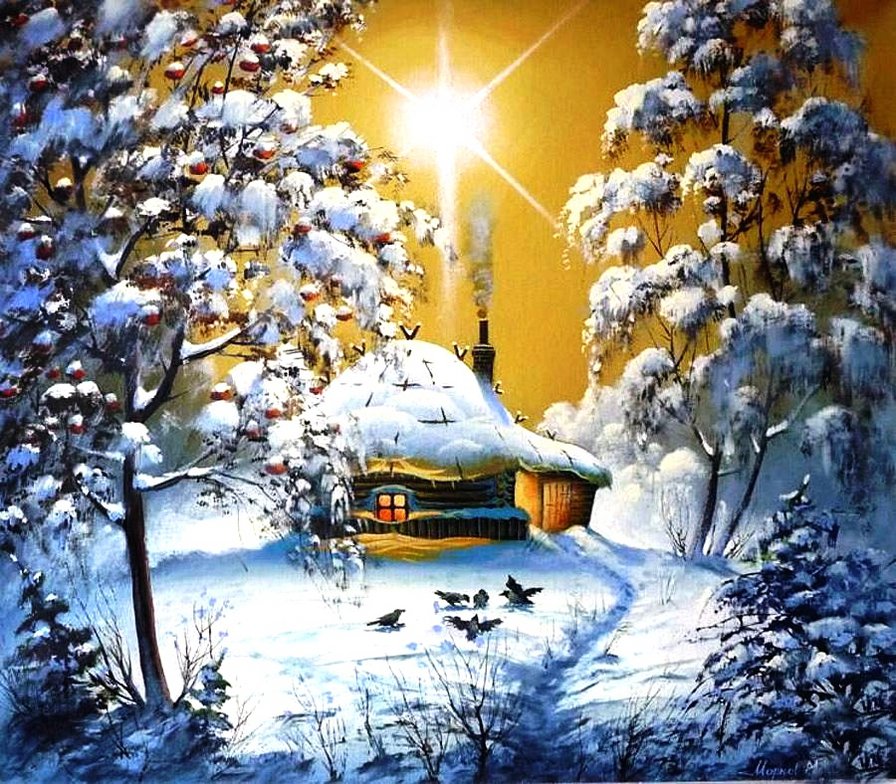 зимний вечер - зима, природа, домик, снег - оригинал