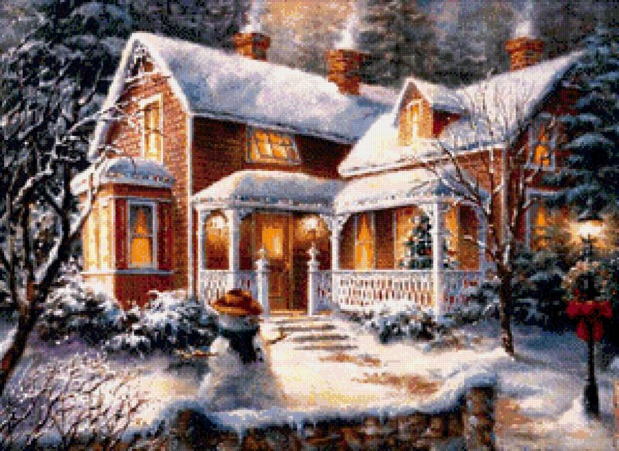рождественский вечер - зима, рождество, домик, природа, снег - предпросмотр