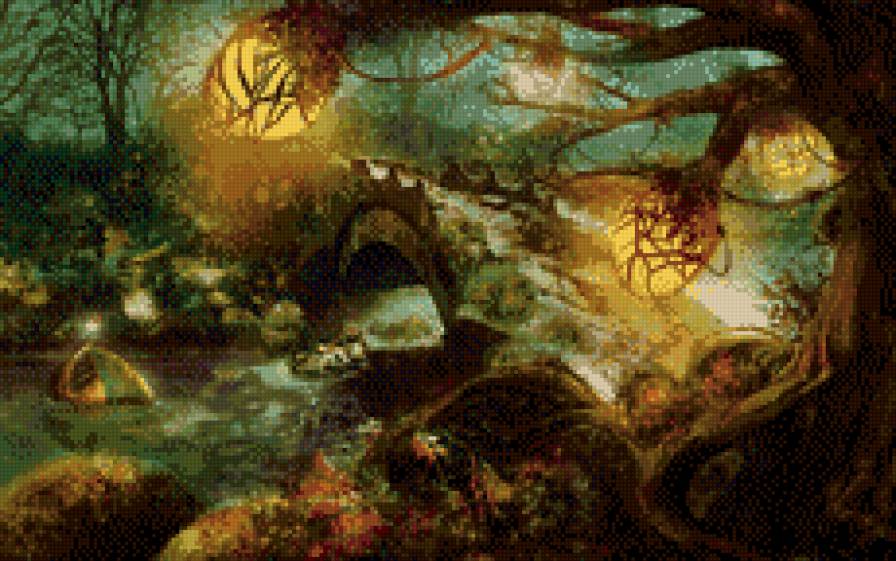 волшебный лес, река, мостик - фэнтэзи - предпросмотр