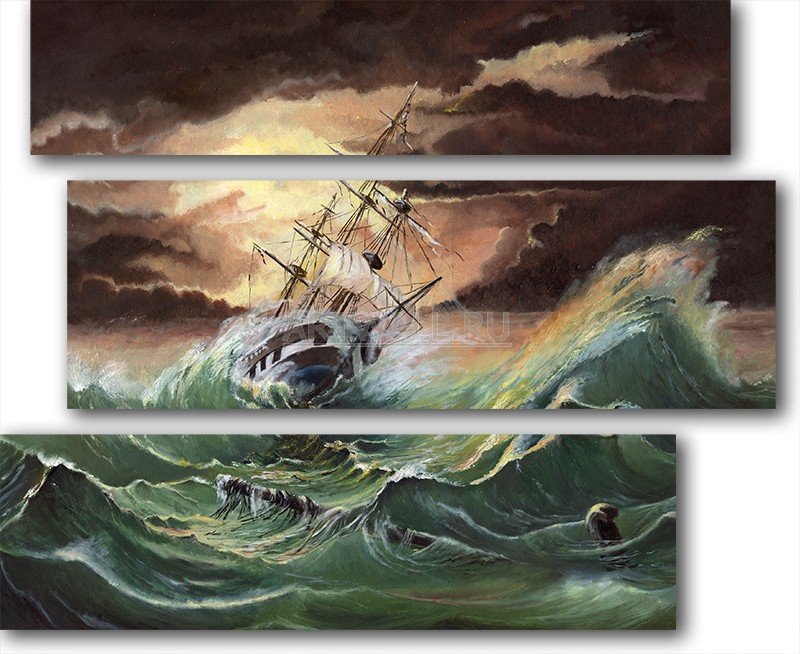 №556147 - море, триптих, буря, корабль - оригинал