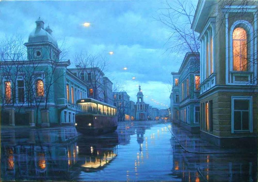 Картина А.Бутырского - ночь, город, трамвай - оригинал