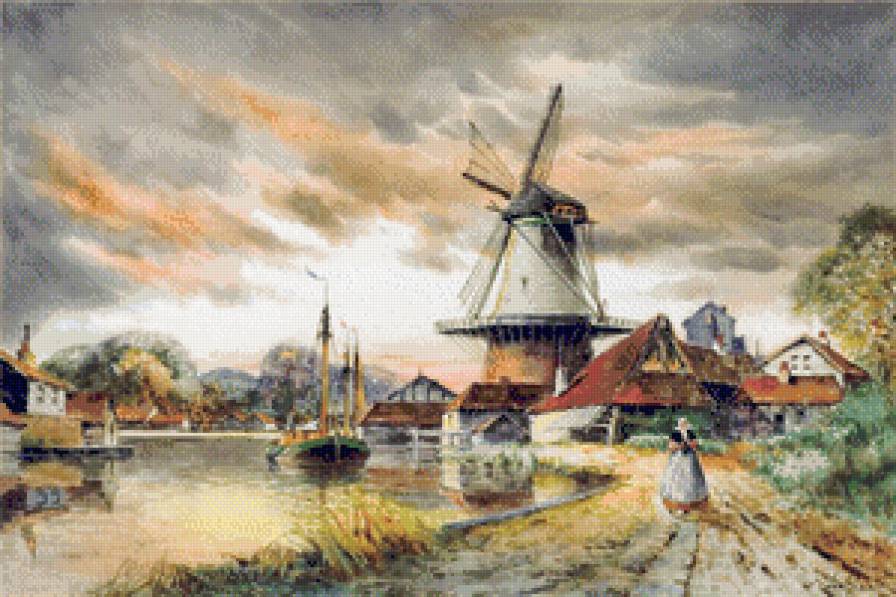 картина - мельница, речка - предпросмотр