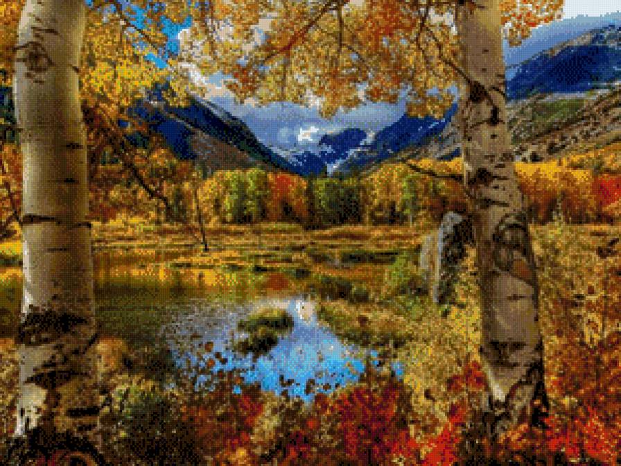 Пейзаж - березы, природа, лес, озеро, пейзаж, горы - предпросмотр