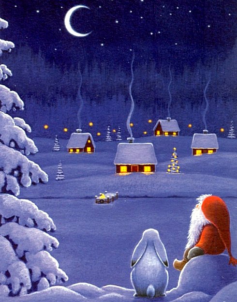 Звездная ночь - пейзаж, елочки, гном, домики, ночь, зима - оригинал