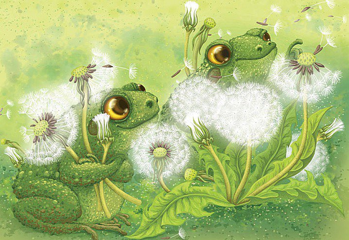 Лягушата в одуванчиках - лягушки, одуванчики - оригинал
